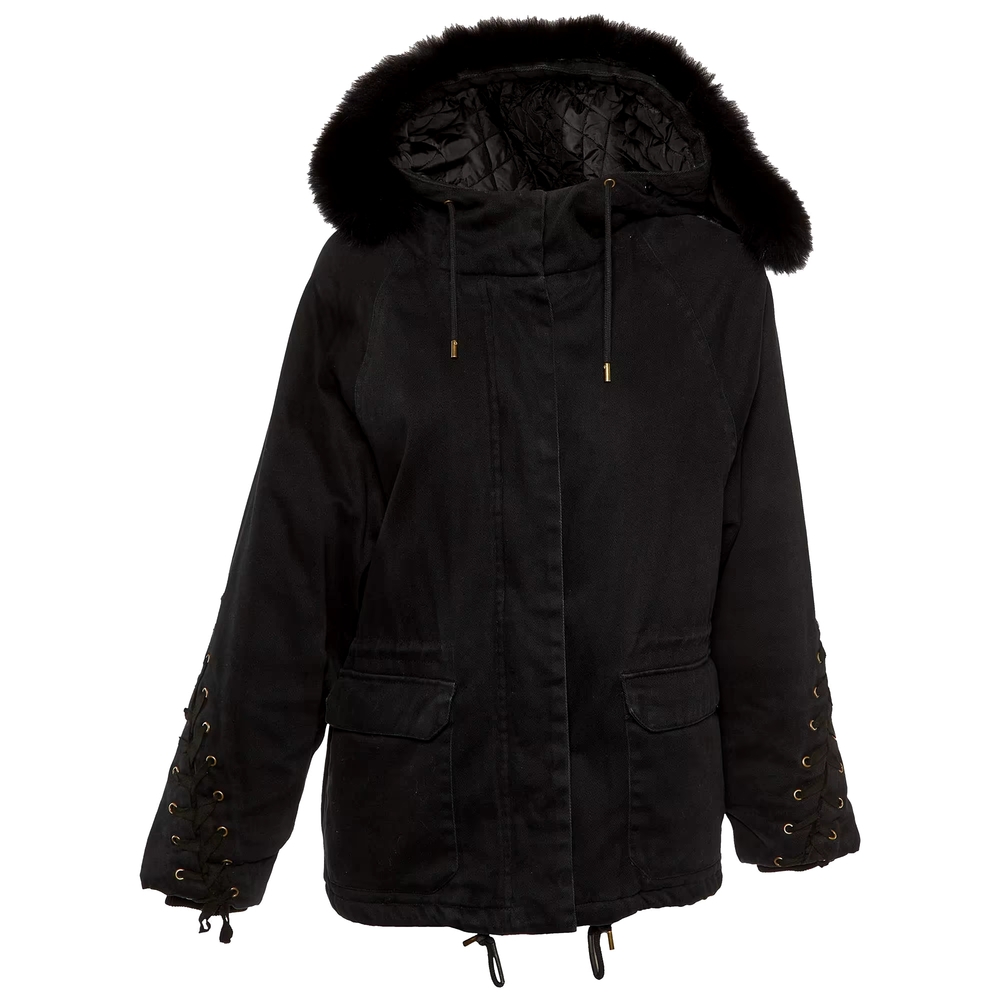 Maje Luxury Black Cotton Fur Trimmed Hooded Jacket